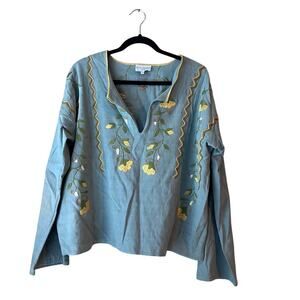Mi Golondrina Mexico Embroidered Blue Yellow Floral Blouse Huipil Medium